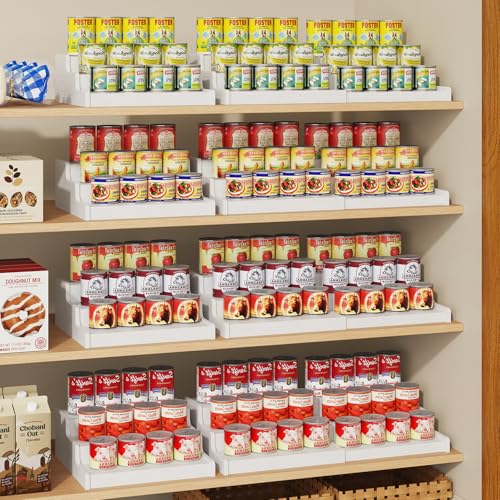 3 Tier Expandable Bamboo Can Organizer for Pantry (12.4"-24"W × 10.8"D × 4.5"H / White)