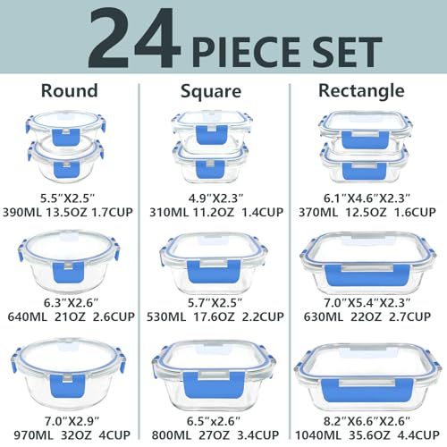 12 Pack Glass Food Storage Container Set with Lids Non Toxic (Blue-12)