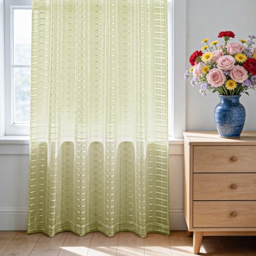 Check Sheer Curtains 63 Inches 2 Panels Set (Check - Sage Green / 52"W x 63"L (Pack of 2))