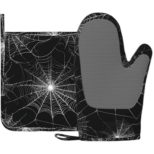 Spider Web Oven Mitts and Pot Holders Sets Silicone Kitchen Mitts Potholders Heat Resistant Oven Gloves Hot Pads for Kitchen Baking Cooking (Spider Web)