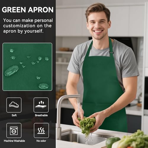 2 Pack Kitchen Aprons with 2 Pockets for Women Men (Green)