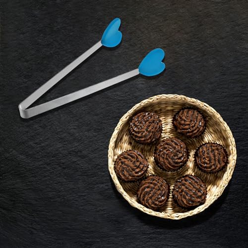 Mini Food Tongs 5.3" Heart Shape Stainless Steel with Silicon Tips Small Cooking Tongs Kitchen Food Tongs Serving Tongs for Cooking Grilling BBQ Barbecue Kitchen (Blue)