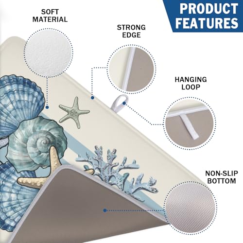 Nautical Coastal Dish Drying Mat for Kitchen Counter Summer Beach Seashell Starfish Microfiber Dish Drainer Mat Ocean Blue Pattern Absorbent Washable Drying Pad Extra Large 18"x24" (Summer Seashell / 24" x 18")