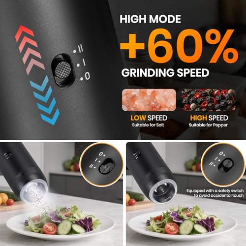 Rechargeable Gravity Electric Salt Grinder Set (Black with Charging Base)