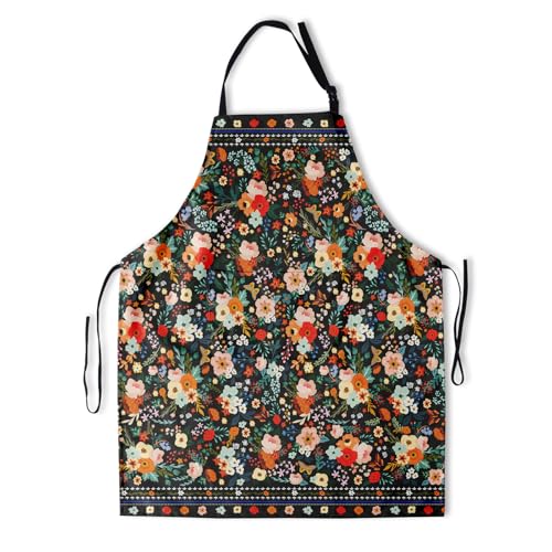 Adjustable Apron with Pockets for Home Kitchen Cooking Baking Gardening Colorful Floral Vintage 32x28 Inch (33" x 28"(Pack of 1) / Vintage Floral Black)