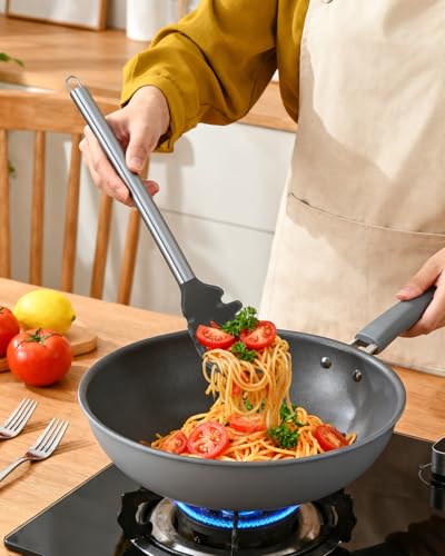 Spaghetti Spoon and Pasta Tong with Teeth and Drain Holes (Gray)