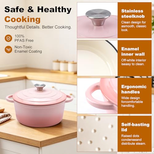 4 QT Enameled Cast Iron Round Dutch Oven With Lid (PINK / 4Qt)