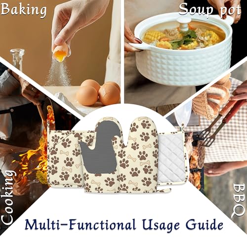 Dog Bone Paw Print Pot Holders and Oven Mitts Set Silicone Cute Animal Paws Kitchen Gloves Potholders Heat Resistant Washable (Dog Bone Paw Print,cute Animal Paws)