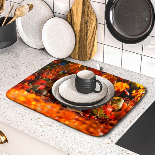 Fall Harvest Pumpkin Dish Drying Mat for Kitchen Counter (16" x 18")