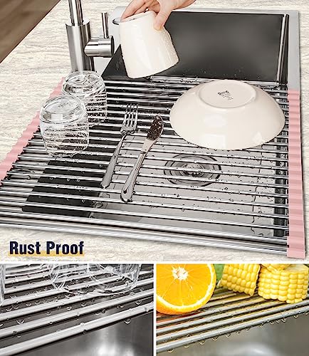 Roll Up Dish Drying Rack Over Sink (Pink / 21 x 15.5 in)