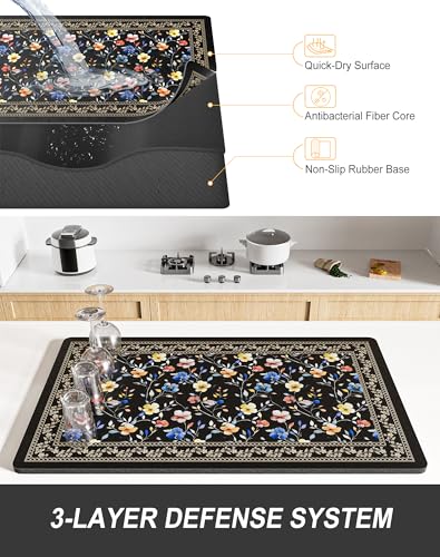 Dish Drying Mat for Kitchen Counter (Retro Floral / 12" x 19")