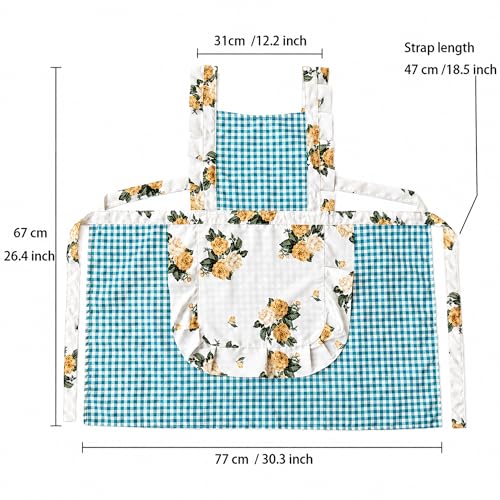 Cute Aprons for Women with Front Hand Towel Blue Checkered Floral Kitchen Apron Ruffle Pinafore Dress Breathable Washable Cooking Baking Gardening Apron (Blue-yellow Plaid)