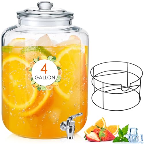1 Pack 4 Gallon Glass Drink Dispenser for Parties Large Glass Beverage Dispenser with Stand and Spigot Leakproof Water Storage Lemonade Juice Jar Mason with Lid for Wedding Parties Kitchen (4 Gallon)