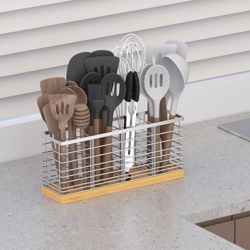 Extra Large Kitchen Utensil Holder Countertop with Removable Divider (Silvery)