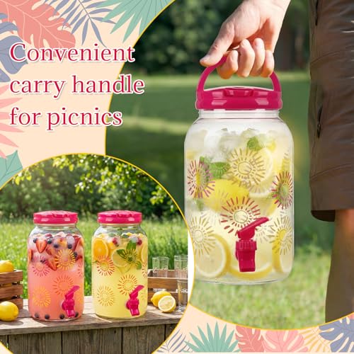2 Pcs 1 Gallon Plastic Beverage Dispenser with Spigot Clear Summer Kitchen Fridge Drink Dispenser for Parties Lemonade Juice Tea Beer Cold Water (Hot Pink / Sun)