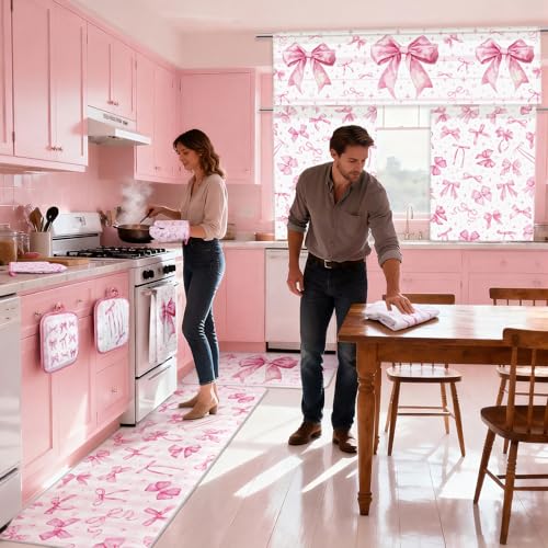 13 Pcs Pink Bow Kitchen Decor Set 3 Coquette Kitchen Curtains Valance 2 Aesthetic Rugs and Mats 4 Girly Hand Towels 2 Pink Pot Holders 2 Oven Mitts for Home Decor Cooking Grilling Housewarming Gift (Pink Bow)