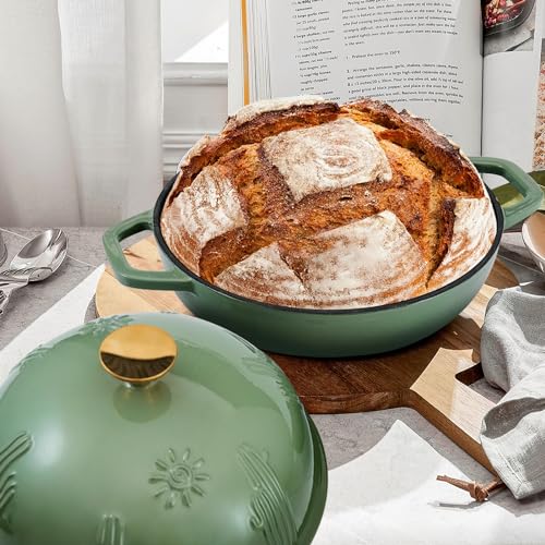 Bread Oven Cast Iron Bread Dutch Oven with Cloche Lid for Bread Baking Green Enameled Cast Iron Bread Oven with Dome Lid for Sourdough (Green / 9.8 Inches)
