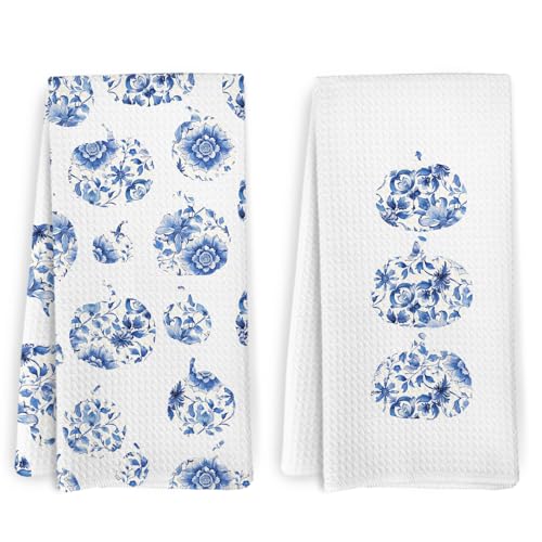 Blue and White Pumpkin Fall Decor Kitchen Towels and Dishcloths Set of 2 (White Pumpkins)