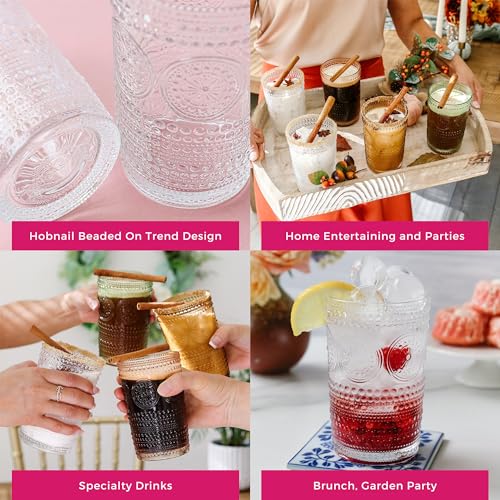 Hobnail Beaded Floral Clear Drinking Glasses Set of 6 (Clear / 13 oz)