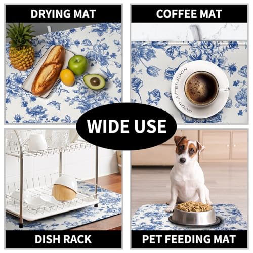 Dish Drying Mat for Kitchen Counter Blue and White Floral Drying Mats Chinoiserie Vintage Flowers Dish Drying Pad for Dishes Microfiber Absorbent Dish Drainer Rack Mat for Countertop 18x24 Inch (Floral Blue and White / 18" x 24")