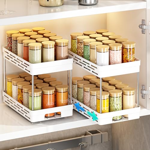 Pull Out Spice Rack Organizer for Cabinet (Widen-White / 2 Pack)