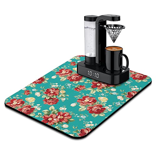 Coffee Bar Mat Accessories for Countertop Absorbent Hide Stain Rubber Backed Dish Drying Mats for Kitchen Counter Draining Pad Decor Gift (Boho Flowers / 18" x 24")
