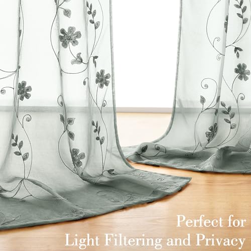 Sage Green Sheer Curtains 63 Inches Length 2 Panels Embroidered Floral Pattern Semi Sheer Window Curtains for Bedroom Living Room (52"W x 63"L (Pack of 2) / Sage Green)