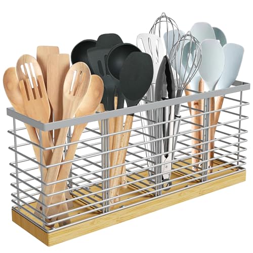 Extra Large Kitchen Utensil Holder Countertop with Removable Divider (Silvery)