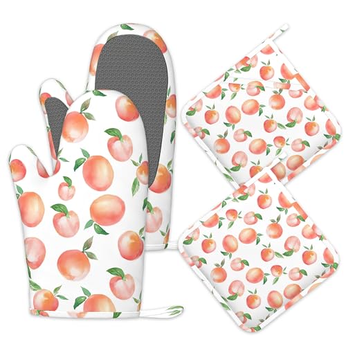 Watercolor Peaches Oven Mitts and Pot Holders Sets (Watercolor Peaches)