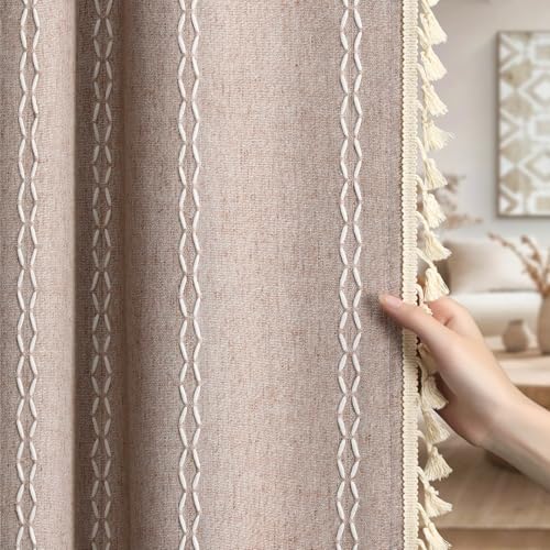 Blush Beige Boho Blackout Curtains 84 Inch 2 Panels with Tassels (Blush Beige / 52"W x 84"L (Pack of 2))