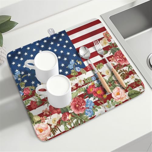 4th of July Dish Drying Mat 18x16 Inch (Patriotic Floral Blue Red / 18" x 16")