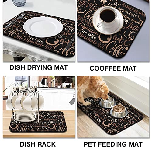 Coffee Bar Mat Accessories for Countertop Absorbent Hide Stain Rubber Backed Dish Drying Mats for Kitchen Counter Draining Pad Decor Gift (black-2 / 16" x 24")