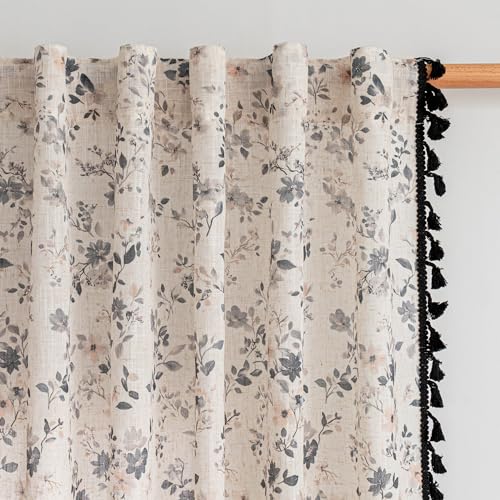 Farmhouse Floral Boho Linen Blend Curtains with Black Tassels 63 Inch Length 2 Panels Semi Sheer Light Filtering French Cottage Bedroom Drapes Back Tab (Black / 50"W x 63"L (Pack of 2))