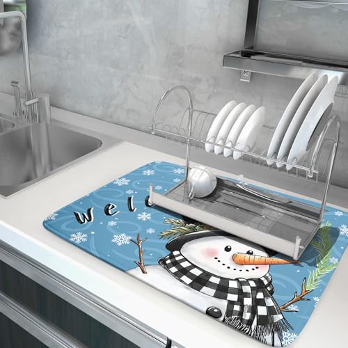 Christmas Snowman Dish Drying Mat for Kitchen Counter 18x24 Blue White Snowflake Welcome Winter Holiday Absorbent Reversible Microfiber Drying Mats Kitchen Countertop Protector Dishes Drainer Rack Pad (18" x 24")