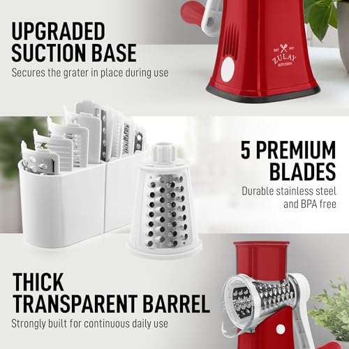 Rotary Cheese Grater Manual Hand Crank 5 Blade Shredder (5 Blades / White and Red)