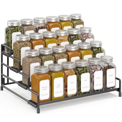 4-Tier-Spice-Rack-Organizer-for-Cabinet, Adjustable Depth Spice Holder Shelf For Countertop Pantry Cupboard, Metal Tiered Seasoning Organizer,Display Shelf Riser (Black-1 Pack) (Black-1 Pack)