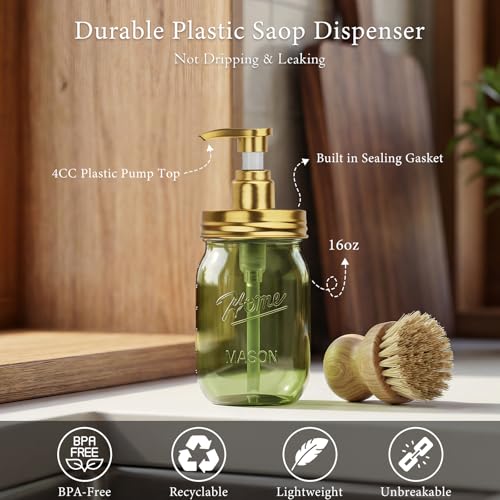Plastic Mason Jar Soap Dispenser with Pump Lid 16OZ (Green Jar With Gold Pump)