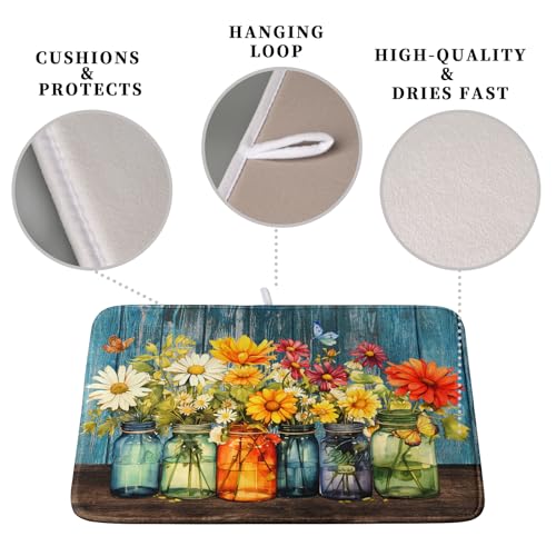 Daisy Dish Drying Mat for Kitchen Counter 18x24 Inch Rustic Vintage Flower Vases Drying Mats Microfiber Absorbent Dishes Drainer Mats Farmhouse Floral Wooden Board Dish Rack Pad (Daisy Vases / 18" x 24")