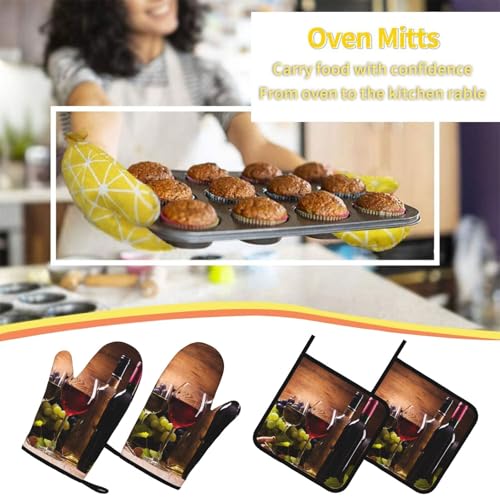 Wine Grapes Wooden Vintage Oven Mitts and Pot Holders Sets of 4 (Wine Grapes Wooden Vintage)
