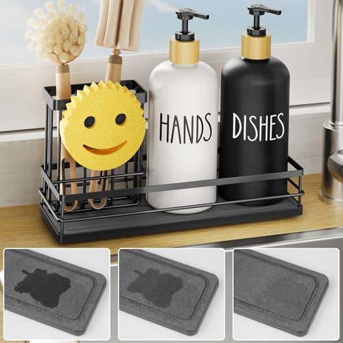 Kitchen Dish Soap Dispenser Set (Black Tray+black&white Bottle)