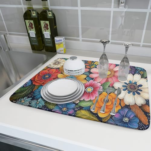 Boho Flower Dish Drying Mat (24" x 18")