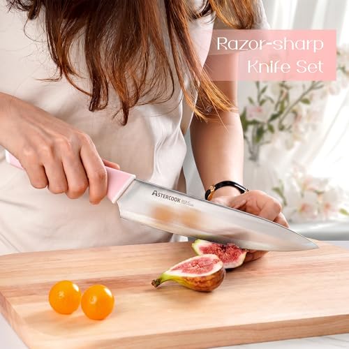 Knife Set Kitchen Knives Set with Block and Sharpener 15 Pcs German Stainless Steel Sharp Blade Dishwasher Safe with Ergonomic Handle (Crystal Pink)