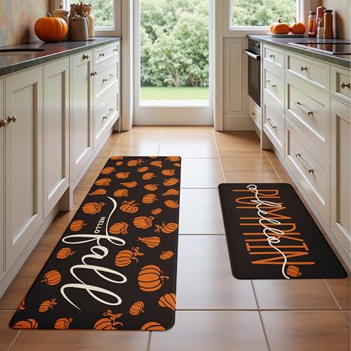 Fall Autumn Pumpkin Black Kitchen Rug Sets 2 PCs (Black / 17.3"x29"+17.3"x47"-0.4"H)
