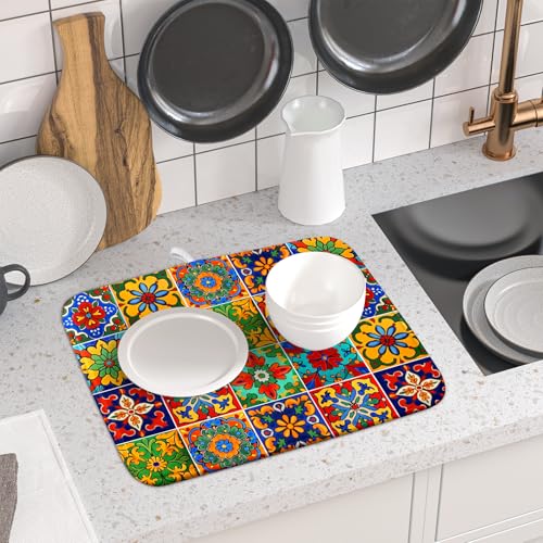 Mexican Tiles Dish Drying Mat for Kitchen Counter Absorbent Microfiber Dish Drying Pad Kitchen Gadgets Multi (Mexican Tiles Blue / 18" x 16")