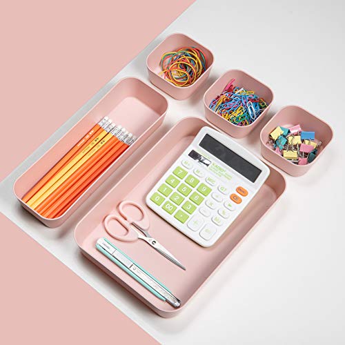Set Of 12 Pink Color Plastic Desk Drawer Organizers For Makeup Bathroom Office Kitchen Vanity Drawer Storage Box Container (Pink)