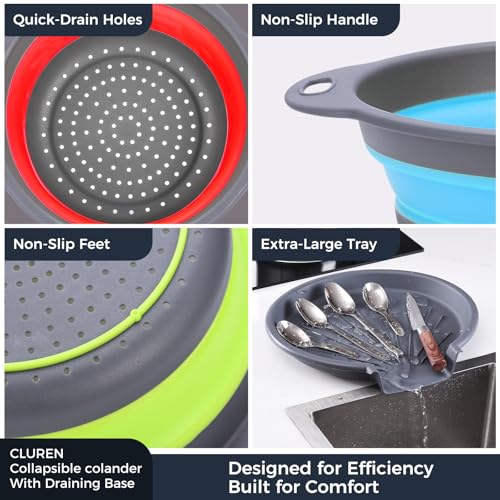 Collapsible Colander Set with Oversized Draining Tray (Gray-Blue-Red-Green)