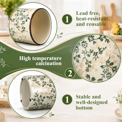 Rustic Rotating Ceramic Utensil Holder Brown Green Floral 6.9" (Brown Green Floral / 6.9" / Rustic Rotating)