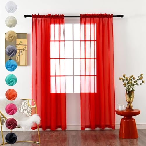 Solid Sheer Rod Pocket Curtain Voile Draperies 2 Panels White Beige Black Red Coffee 38 Inch Width 45 Inch Long 1 Pair for Kitchen Bedroom Children Living Room Yard (Red / 38"W x 45"L (Pack of 2))