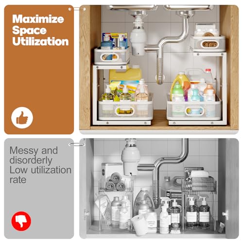 2 Pack Under Sink Organizer With Smooth Cylindrical Rail (White / 2 Pack-15.7"Depth)