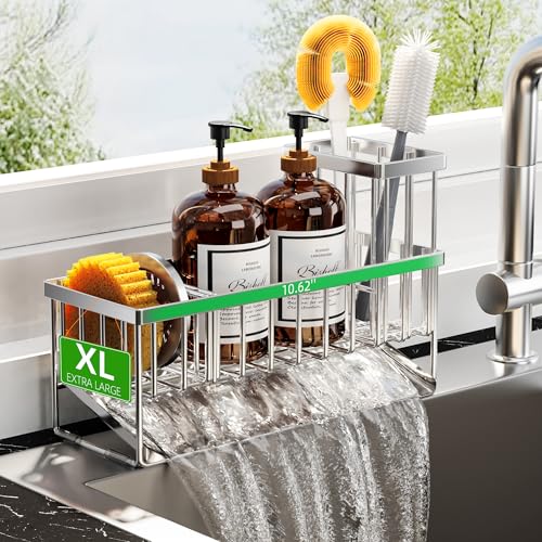 Extra Large Silver Kitchen Sink Caddy Organzier with High Brush Holder (Silver / 10.62 inches)